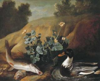 Jean-Baptiste Oudry - A duck with two barbels at the edge of a pond