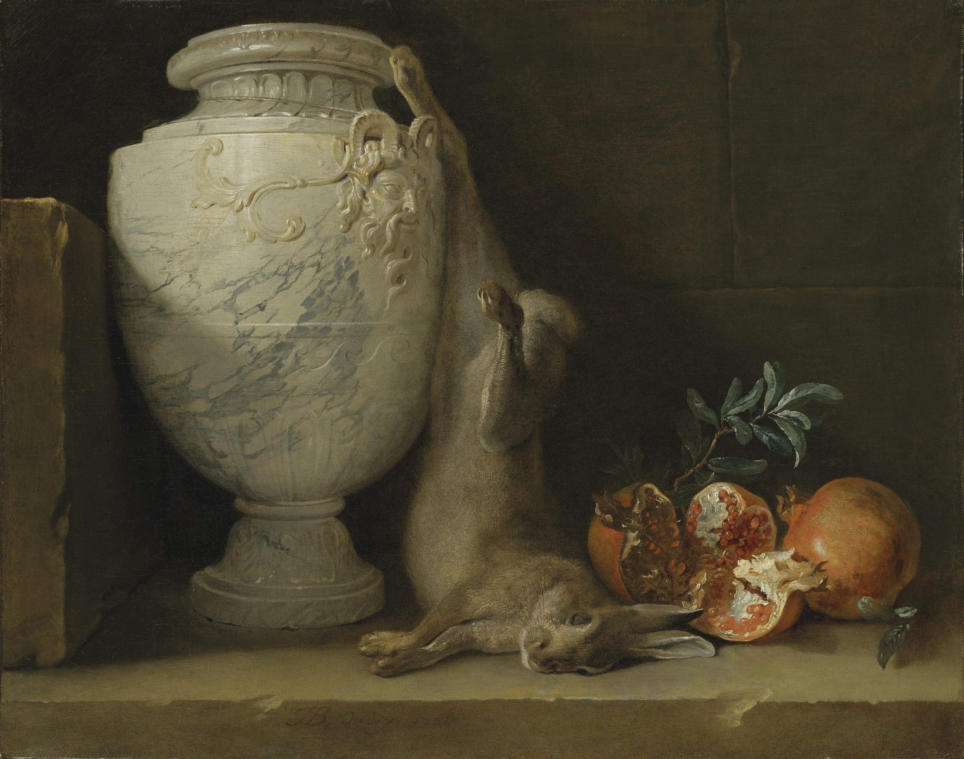 Jean-Baptiste Oudry - A marble vase, a hare and pomegranates on a stone ledge