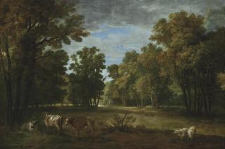 Jean-Baptiste Oudry - A wooded landscape with cattle and sheep, a statue in the clearing beyond