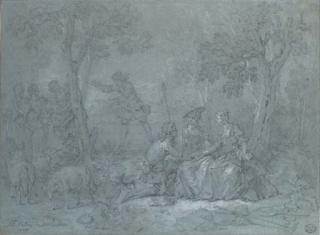 Jean-Baptiste Oudry - Figures playing the game of Le pied de boeuf in the foreground and Colin-maillard in the background