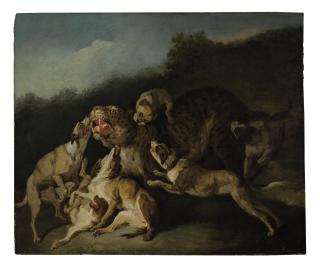 Jean-Baptiste Oudry - Hunting scene with a leopard and six dogs
