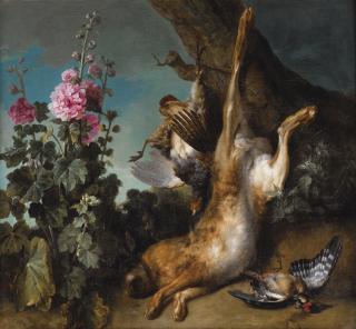 Jean-Baptiste Oudry - Nature Morte Au Perdreau, Lièvre Et Rose Trémière