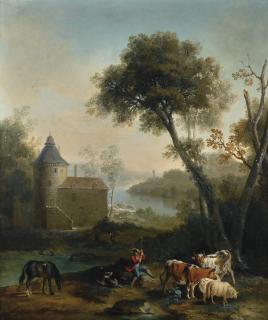 Jean-Baptiste Oudry - Pastorale Avec Un Château À L\'Arrière Planjean-Baptiste Oudry ; Lanscape With A Castle In The Background Animated With A Sheperd ; Signed And Dated Lower Middle On The Stone ; Oil On Canvas