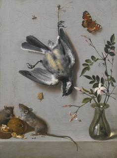Jean-Baptiste Oudry - Still Life Of A Songbird And Butterflies, With Mice Eating Walnuts And Flowers In A Vase On A Stone Ledge
