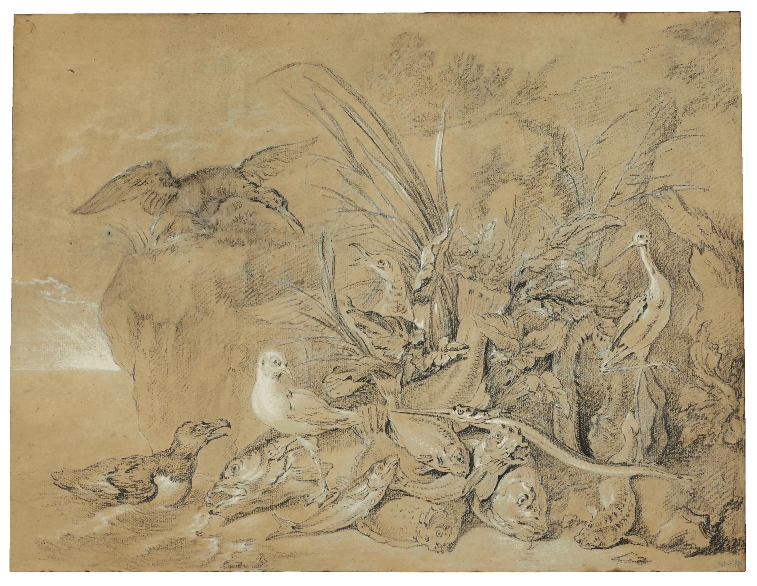 Jean-Baptiste Oudry - Still-life of wading birds and fish by the seashore