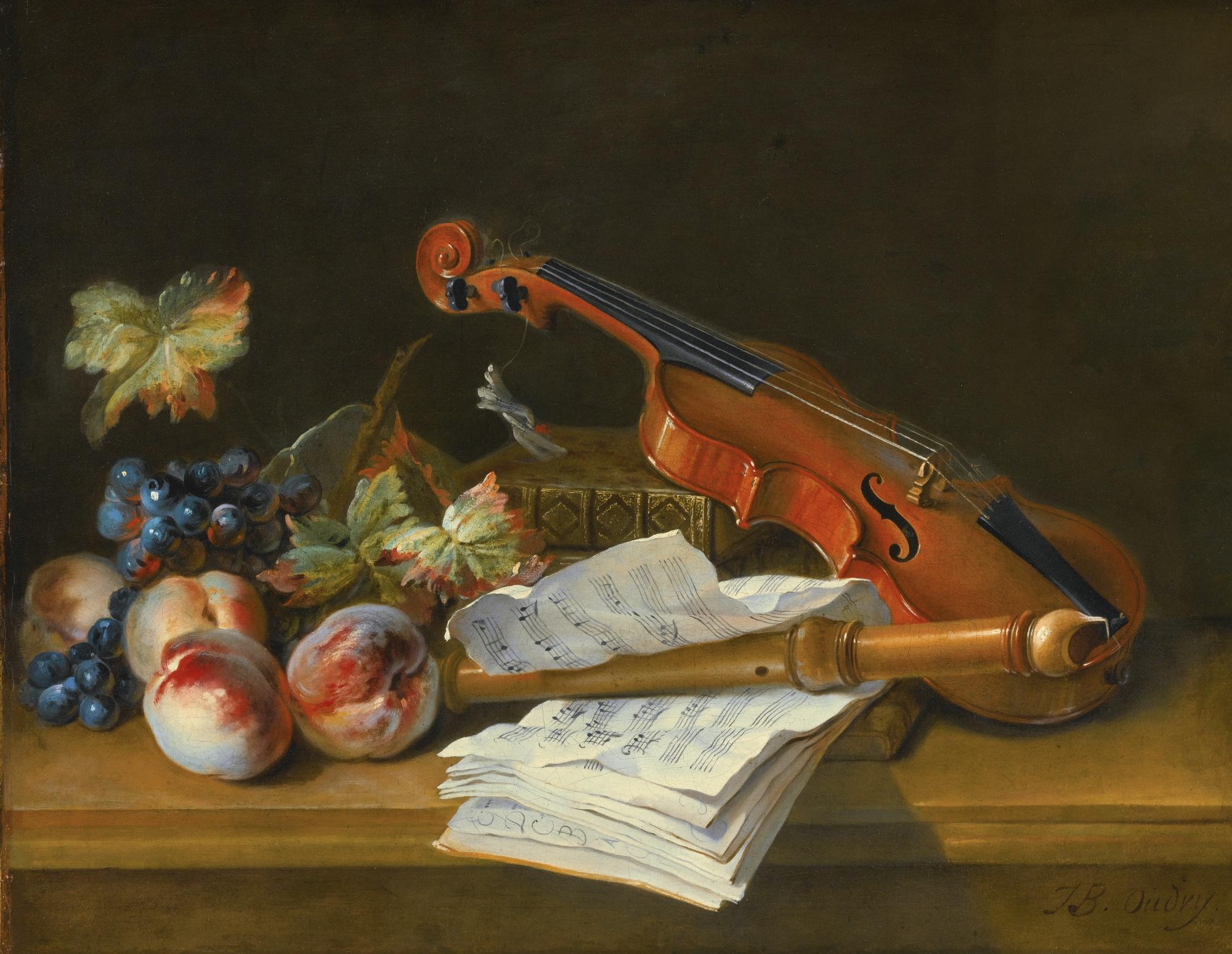 Jean-Baptiste Oudry - Still Life With A Violin, A Recorder, Books, A Portfolio Of Sheet Of Music, Peaches And Grapes On A Table Top
