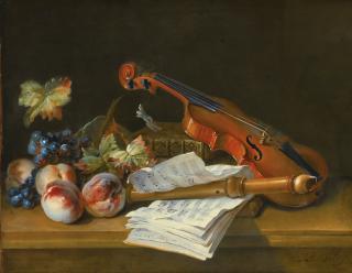 Jean-Baptiste Oudry - Still Life With A Violin, A Recorder, Books, A Portfolio Of Sheet Of Music, Peaches And Grapes On A Table Top