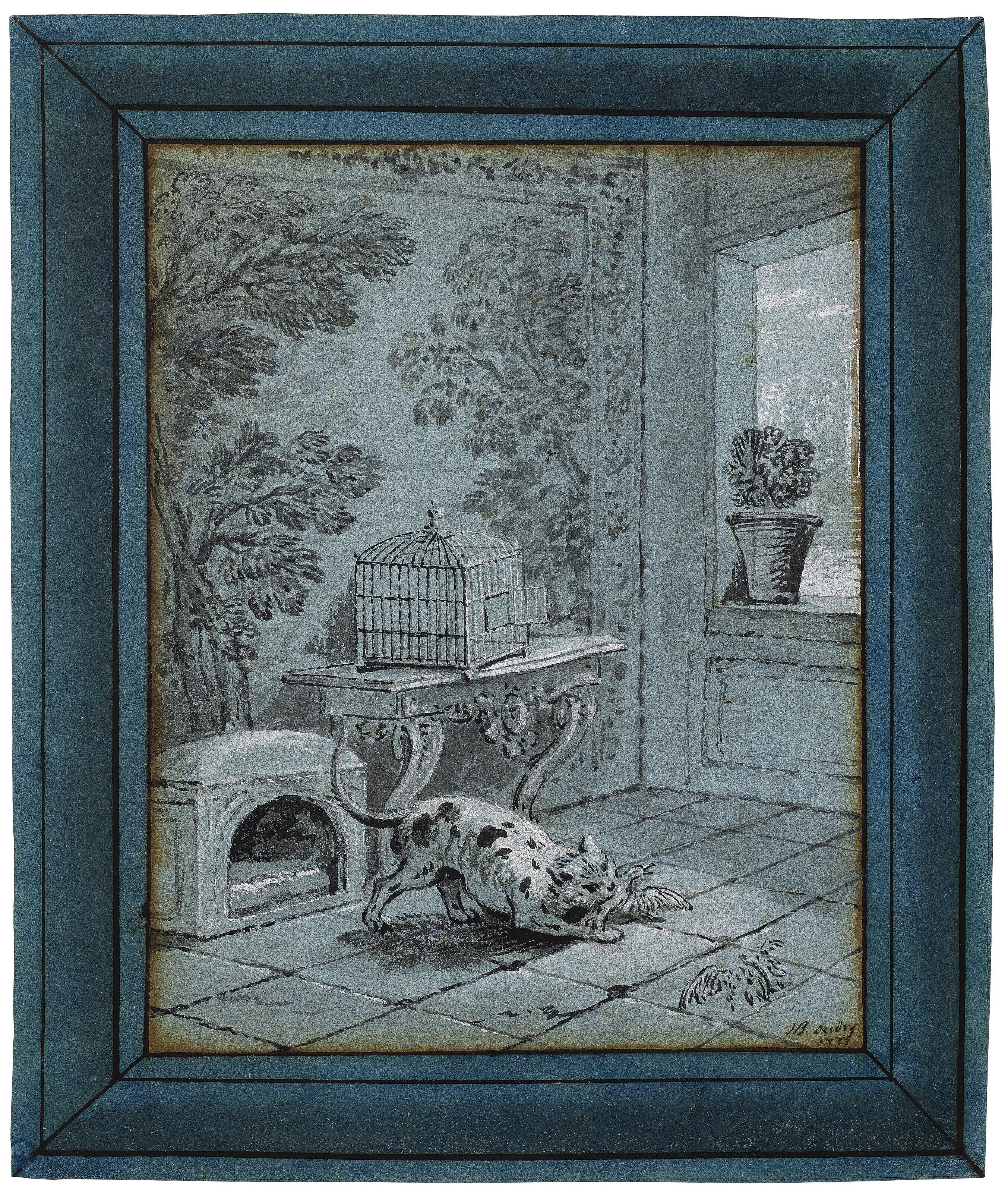 Jean-Baptiste Oudry - The cat and the two sparrows (Jean de La Fontaine, Fables choisies, book XII, fable II)
