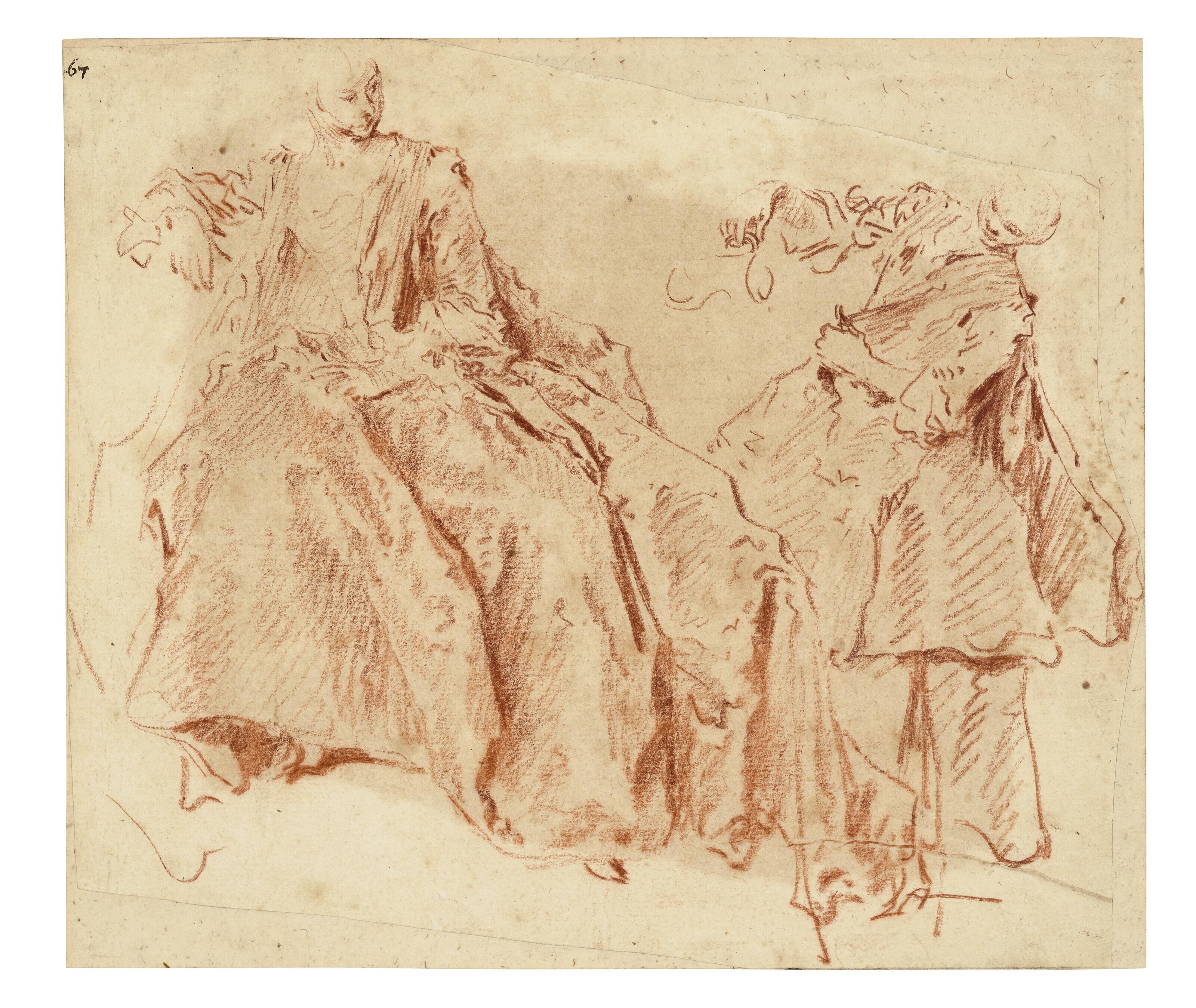 Jean-Baptiste Pater - An elegant seated lady and a standing woman pouring a jug (recto); A seated woman (verso)