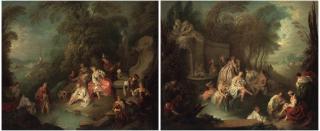 Jean-Baptiste Pater - Fête champêtre with a musician and a statue of Venus behind; and Fête champêtre with bathers in front of a fountain