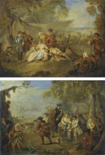 Jean-Baptiste Pater - Figures Resting In A Military Encampment; Figures In A Military Encampment With A Horseman Directing Troops