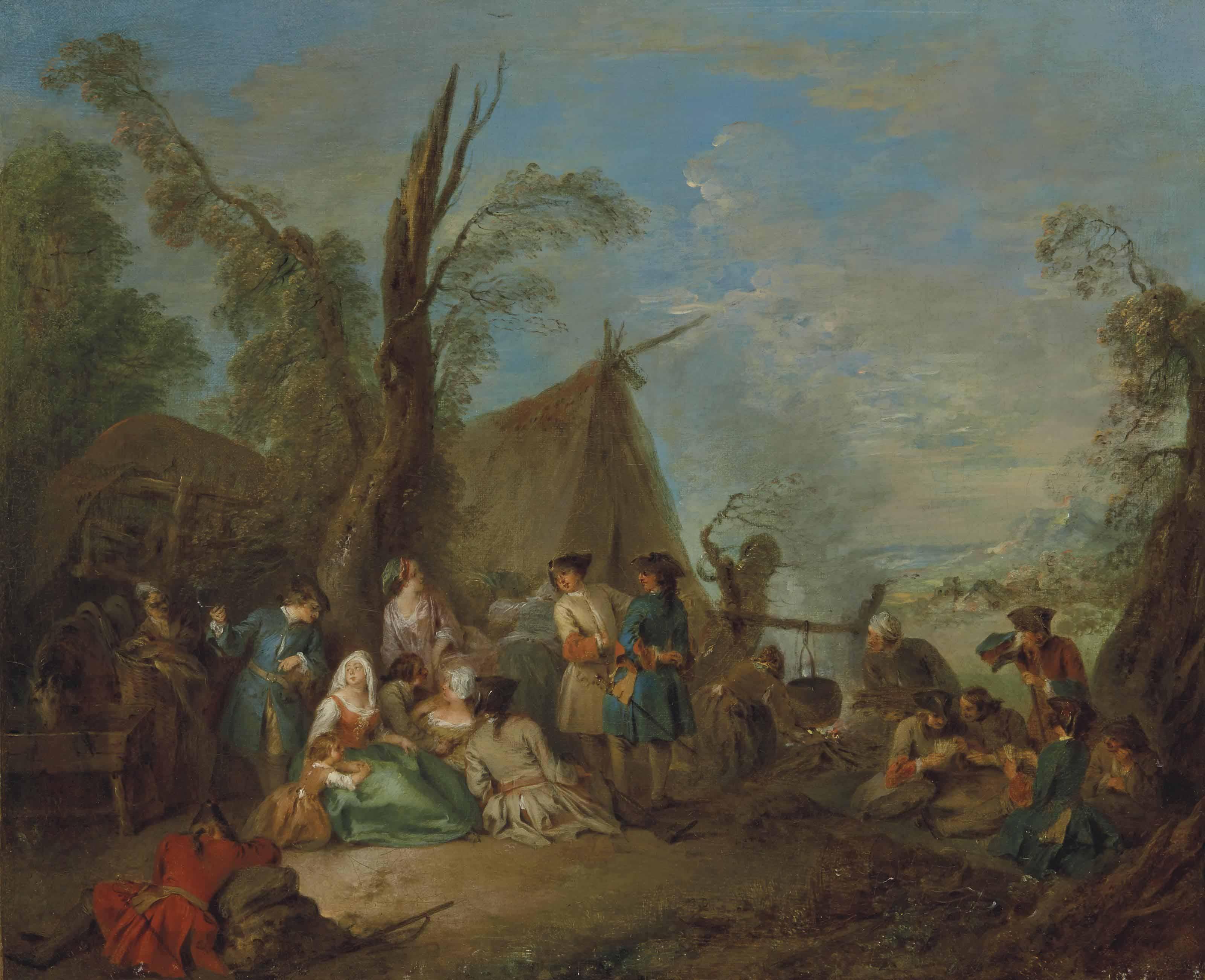 Jean-Baptiste Pater - Soldiers and  vivandières  cooking and resting around a campfire, a wagon and a tent beyond