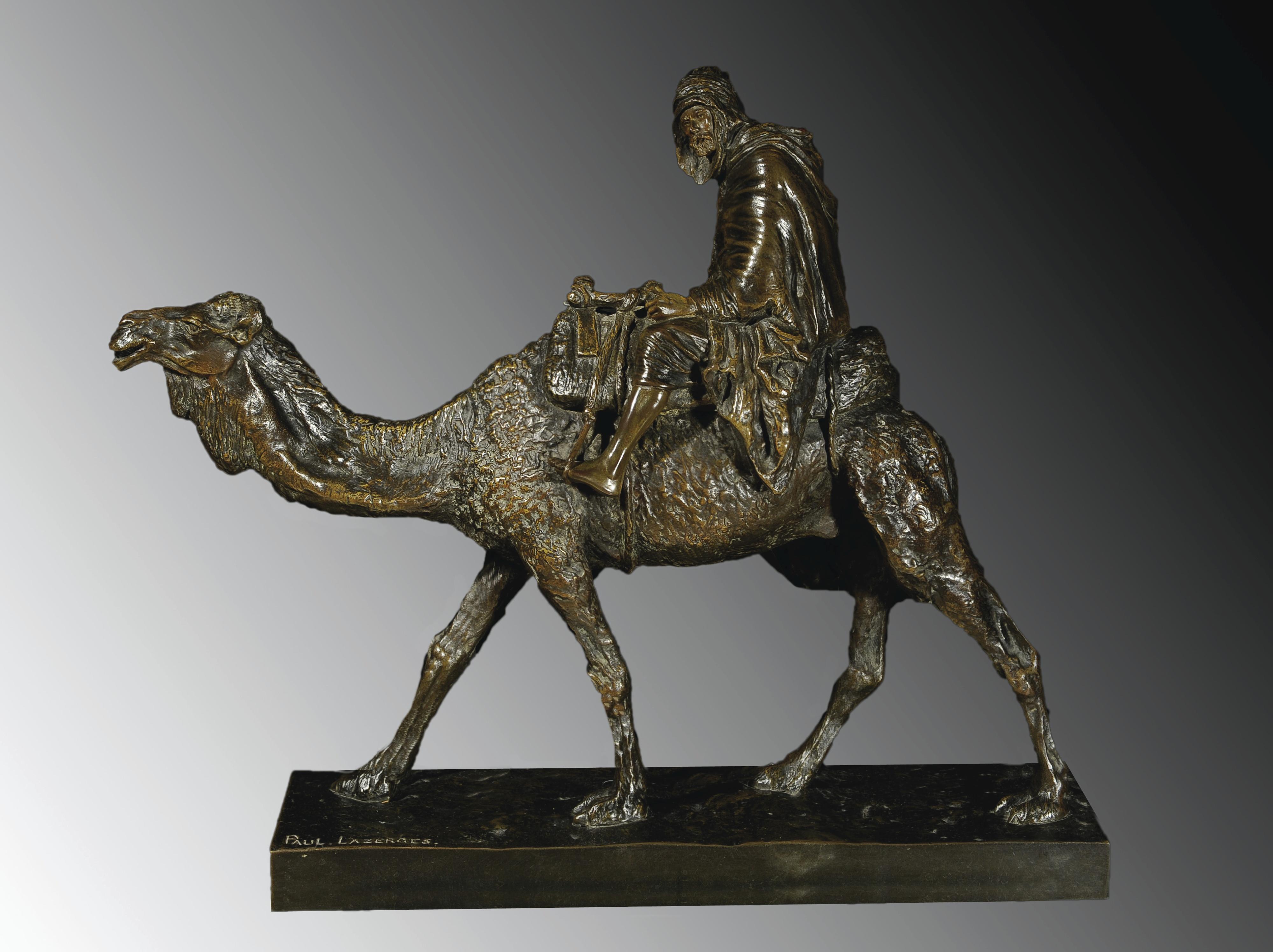 Jean-Baptiste Paul Lazerges - Le Chameliera Gilt-Brown Patinated Bronze Of An Arab On His Camel By Jean-Baptiste Paul Lazerges (1845-1902), Signed Paul Lazerges