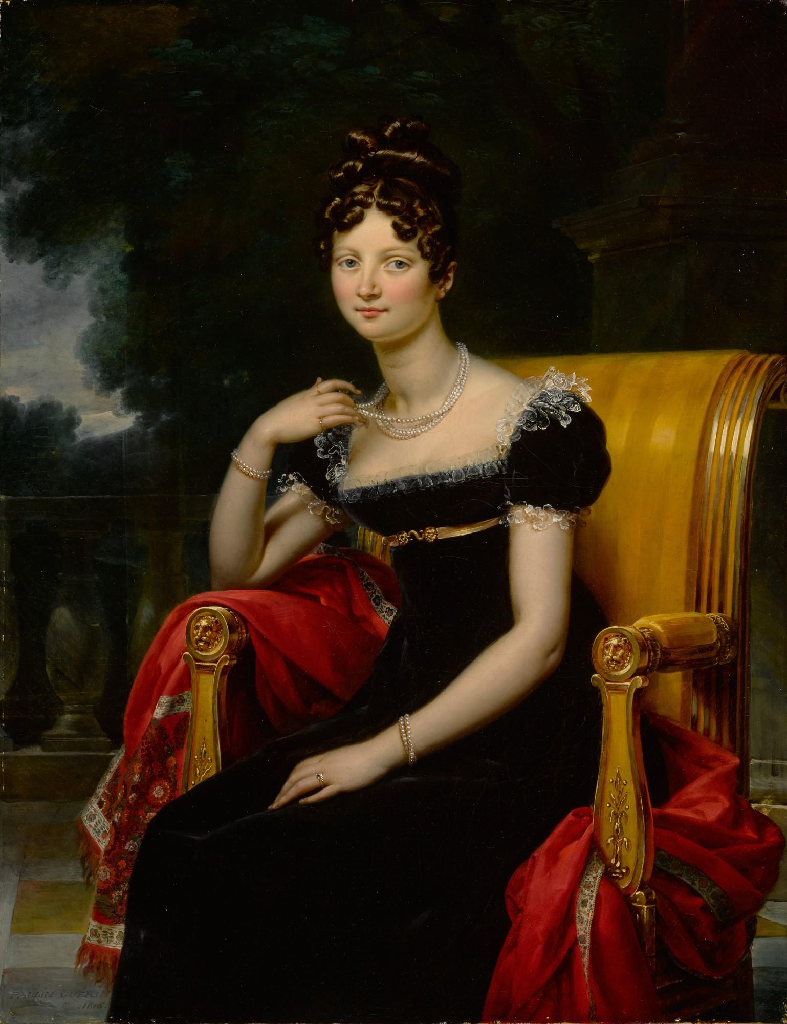 Jean-Baptiste-Paulin Guérin - Portrait of a woman, three-quarter length, in an elegant black velvet dress with lace trim, seated in an Empire chair on a red embroidered shawl on a terrace