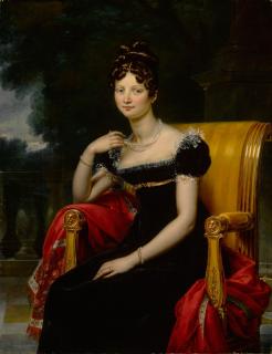 Jean-Baptiste-Paulin Guérin - Portrait of a woman, three-quarter length, in an elegant black velvet dress with lace trim, seated in an Empire chair on a red embroidered shawl on a terrace