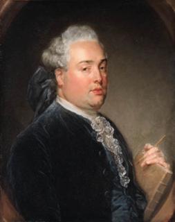 Jean-Baptiste Perroneau - Portrait of a man, half-length, in a blue jacket, a book and pen in his left hand, in a painted oval