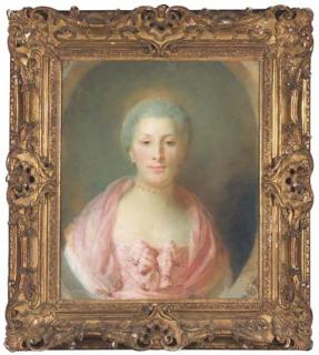 Jean-Baptiste Perronneau - Portrait de Madame Boyer Fonfrède en buste portant un collier avec un noeud sur sa robe, dans un cadre ovale feint