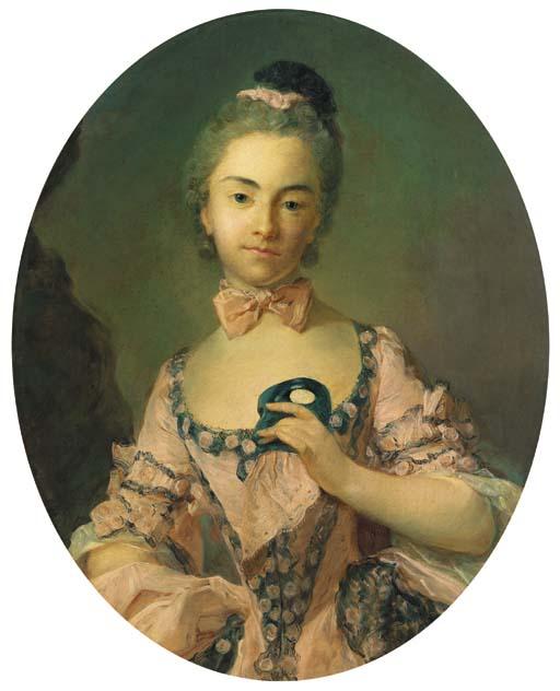 Jean-Baptiste Perronneau - Portrait of a Lady, half length, wearing a pink dress with a lace border, holding a mask