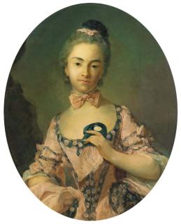 Jean-Baptiste Perronneau - Portrait of a Lady, half length, wearing a pink dress with a lace border, holding a mask