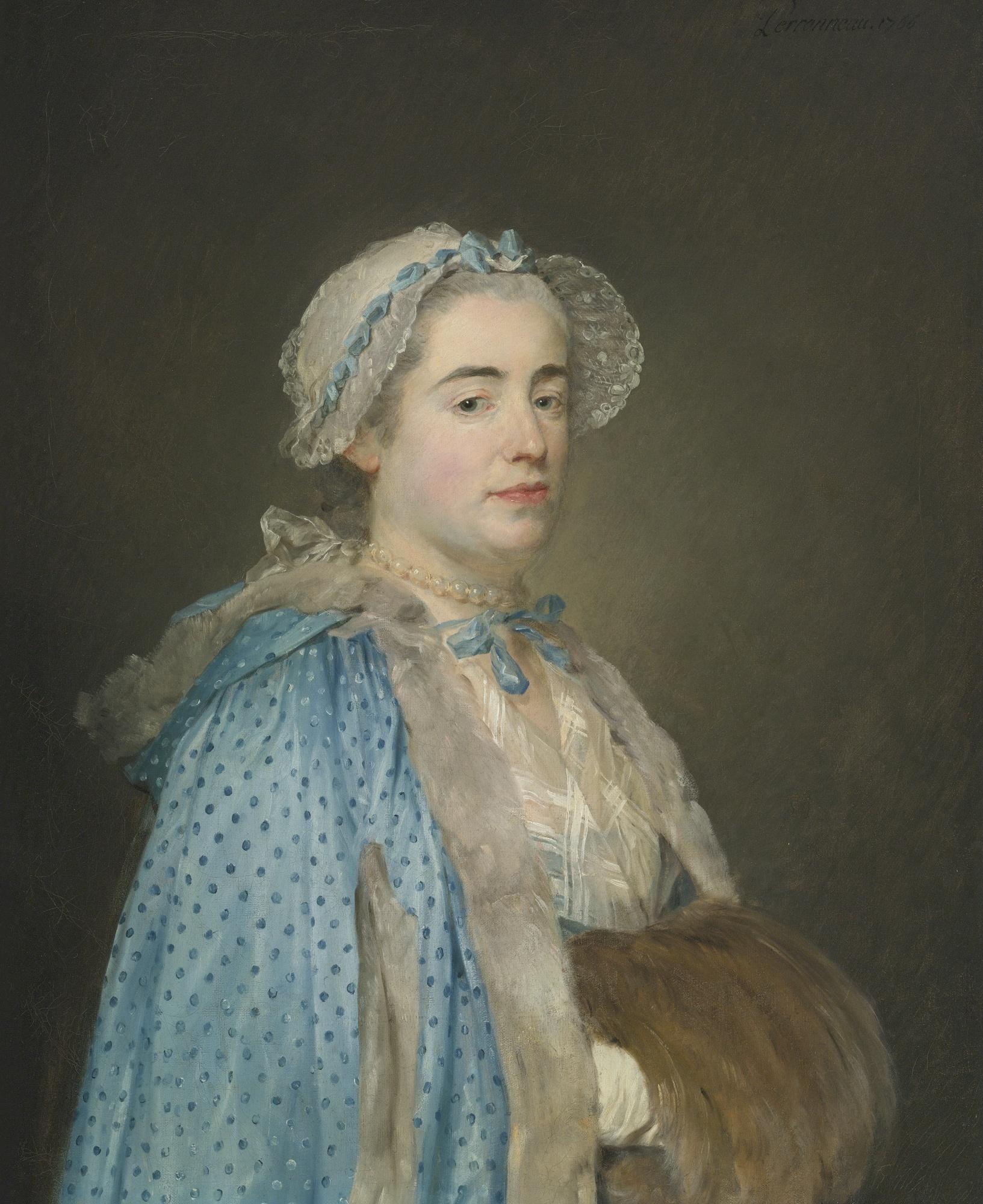 Jean-Baptiste Perronneau - Portrait Of Lady, Probably Madame Blondel D\'Azincourt, Dressed In A Blue Polka Dot Cape And Fur Muff