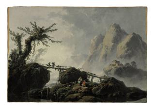 Jean-Baptiste Pillement - A mountainous landscape with goatherds crossing a bridge