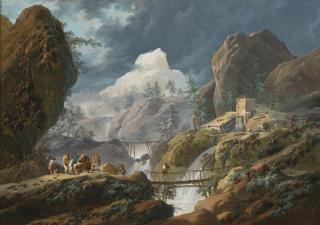 Jean-Baptiste Pillement - A Mountainous Landscape With Two Foot Bridges And Travelers; And A View Of The Tagus, Portugal, With Ships And Boats In A Rough Sea:  A Pair