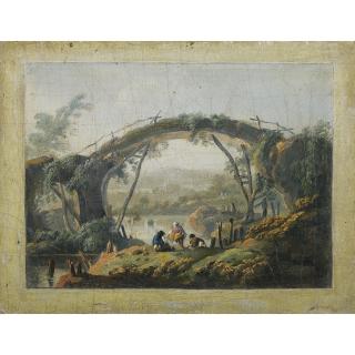 Jean-Baptiste Pillement - A Pair Of River Landscapes With Figures Approaching A Bridge