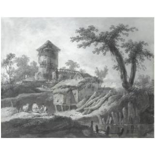 Jean-Baptiste Pillement - A Pastoral Landscape With Shepherds Resting By A River And Farm Buildings Beyond