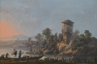 Jean-Baptiste Pillement - A River Landscape With A Ruined Tower And Fishermen With Their Nets In The Foreground