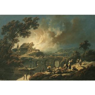 Jean-Baptiste Pillement - A River Landscape With Figures Fleeing A Burning Village