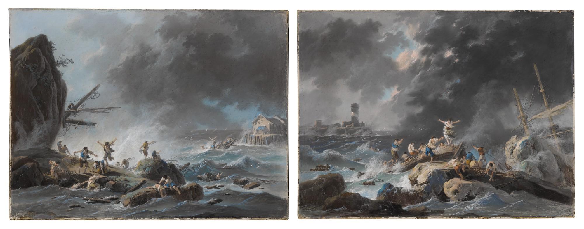 Jean-Baptiste Pillement - A shipwreck on a rocky coast during a storm; A shipwreck on a coast during a storm, a lighthouse beyond