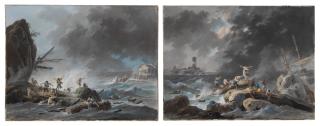 Jean-Baptiste Pillement - A shipwreck on a rocky coast during a storm; A shipwreck on a coast during a storm, a lighthouse beyond