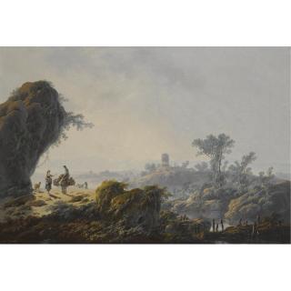 Jean-Baptiste Pillement - An Extensive Fluvial Landscape With Herders And Their Flock On A Path