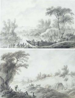 Jean-Baptiste Pillement - An extensive river landscape with peasants loading a skiff; and A hilly landscape with a traveller on a path, peasants with donkeys and sheep beyond