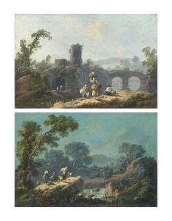 Jean-Baptiste Pillement - An Italianate landscape with washerwomen by a river, mountains beyond; and An Italianate wooded landscape at dusk, with herdsmen and their flock near a waterfall, mountains beyond