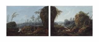 Jean-Baptiste Pillement - An Italianate river landscape with herdsmen, sheep and cattle near a waterfall; and An Italianate river landscape with travellers and a dog near a waterfall