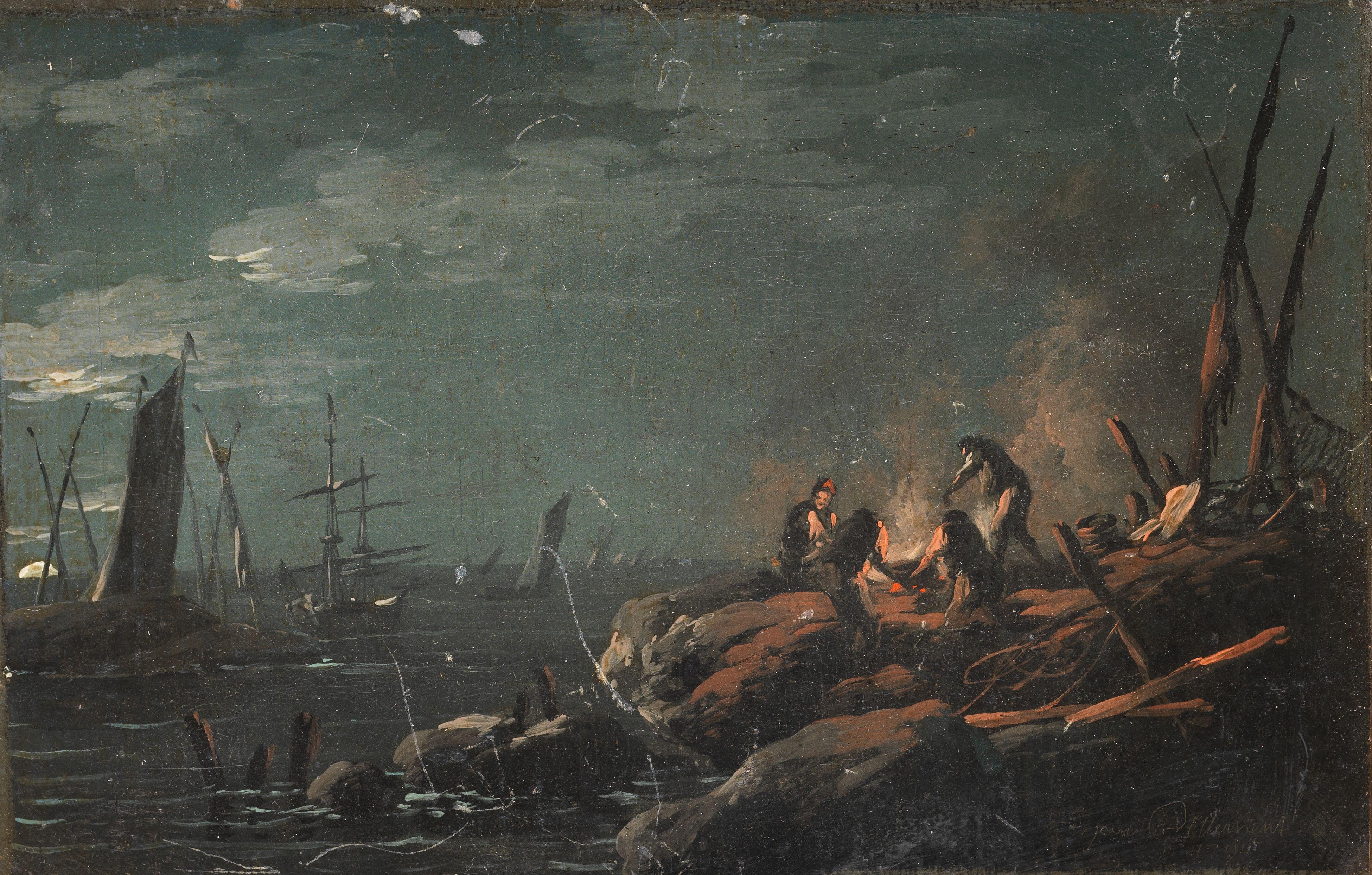 Jean-Baptiste Pillement - Figures by a camp fire on a rocky shore; and Figures outside an inn