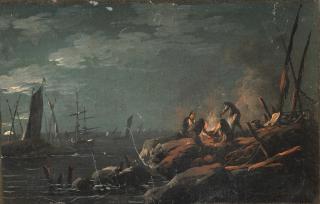 Jean-Baptiste Pillement - Figures by a camp fire on a rocky shore; and Figures outside an inn