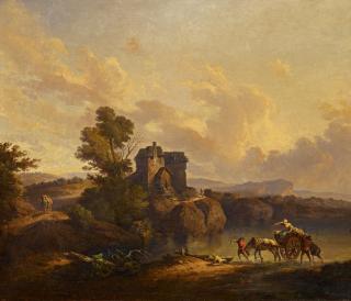 Jean-Baptiste Pillement - Französische Landschaft mit Pferdekarren am Seeufer