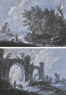 Jean-Baptiste Pillement - Landscapes, One With Figures Fishing, The Other With Figures Beside Ruins