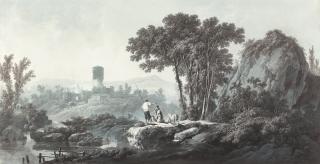 Jean Baptiste Pillement - Landschaft mit Fischer und Schafhirten auf felsigem Uferplateau