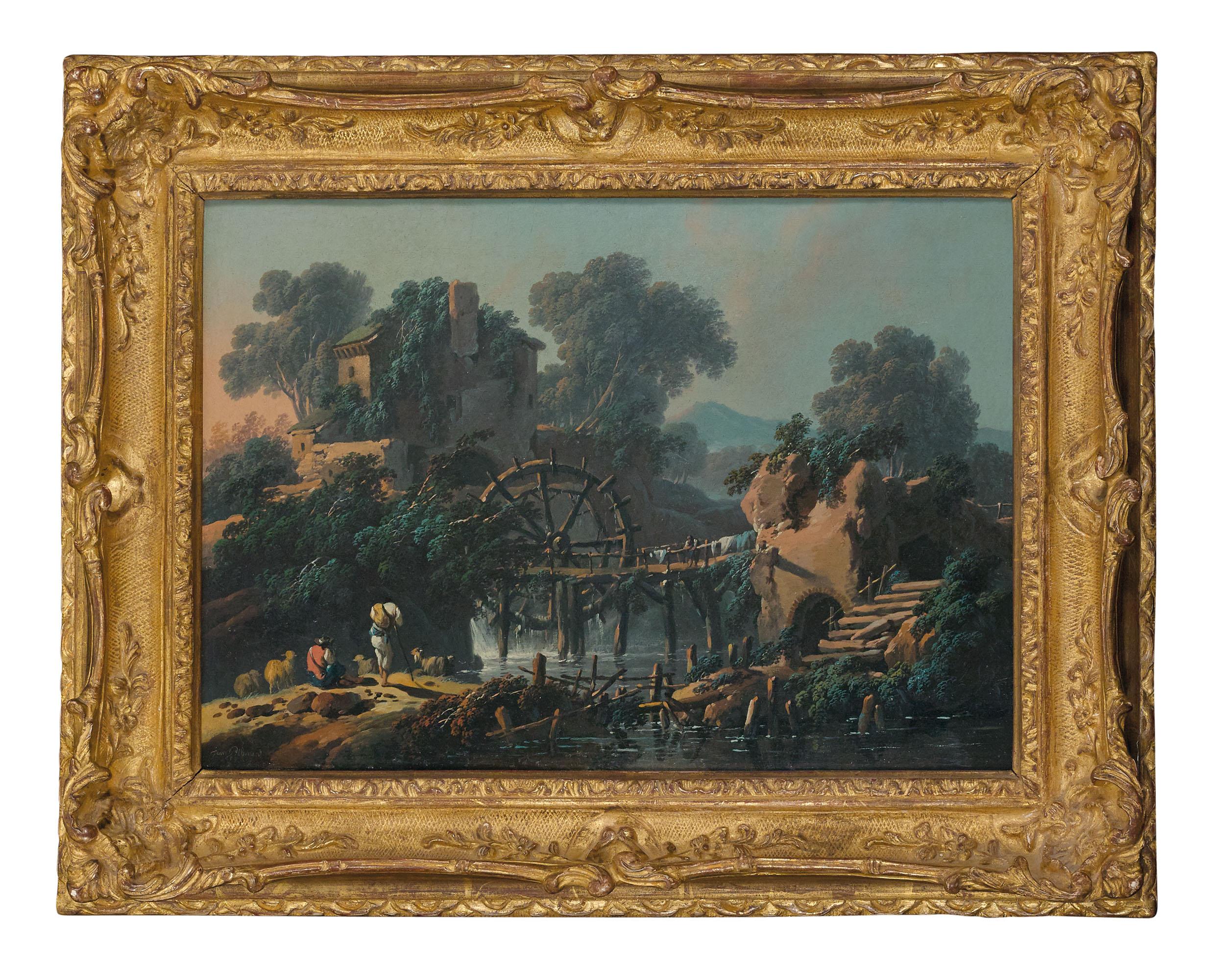 Jean-Baptiste Pillement - Paysage de rivière avec un moulin et des bergers