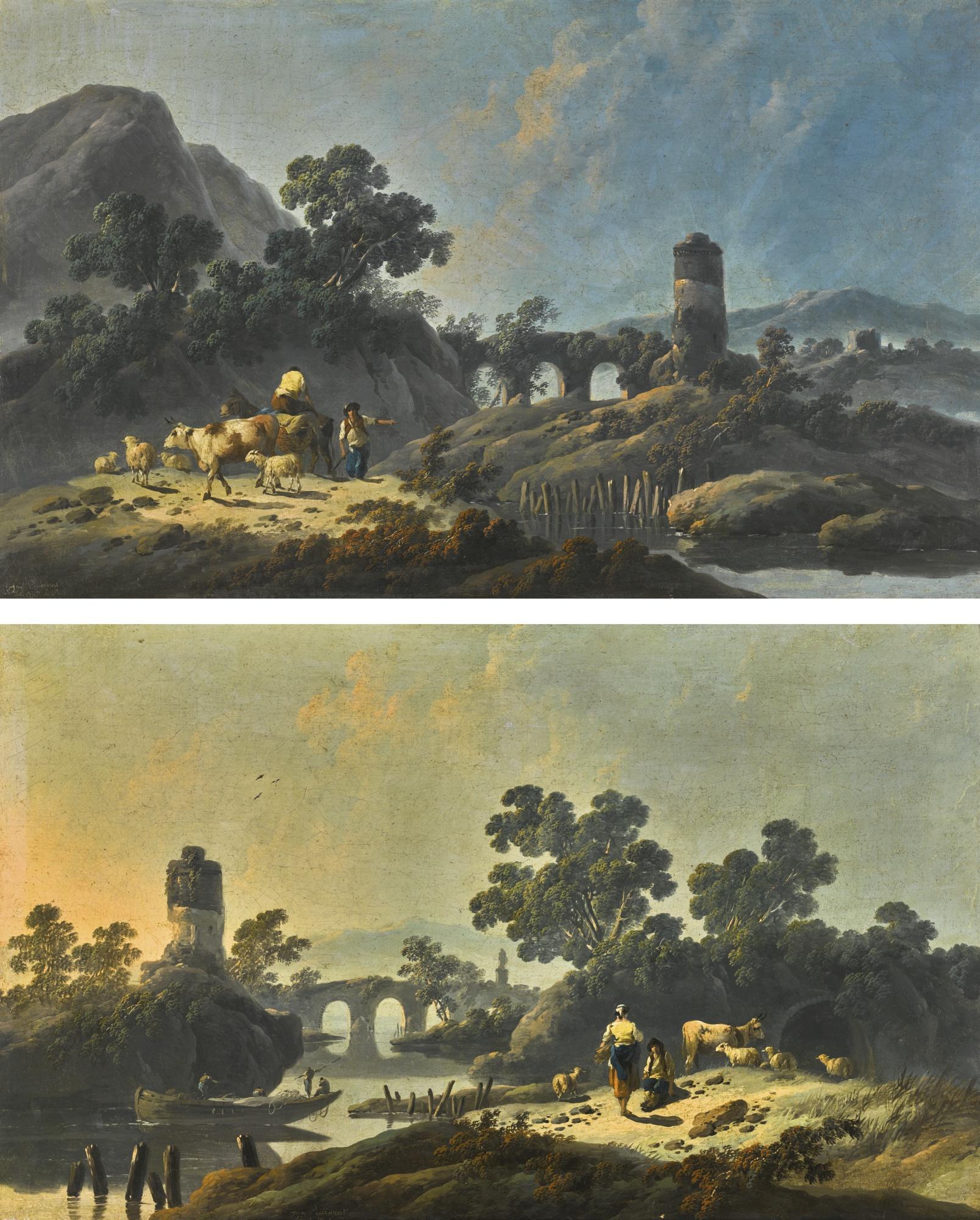 Jean-Baptiste Pillement - Rocky Landscape At Dawn With A Herdsman And His Livestock On A Path; River Landscape At Dusk With Fishermen On The River And A Girl And Herdsman Conversing On The Bank