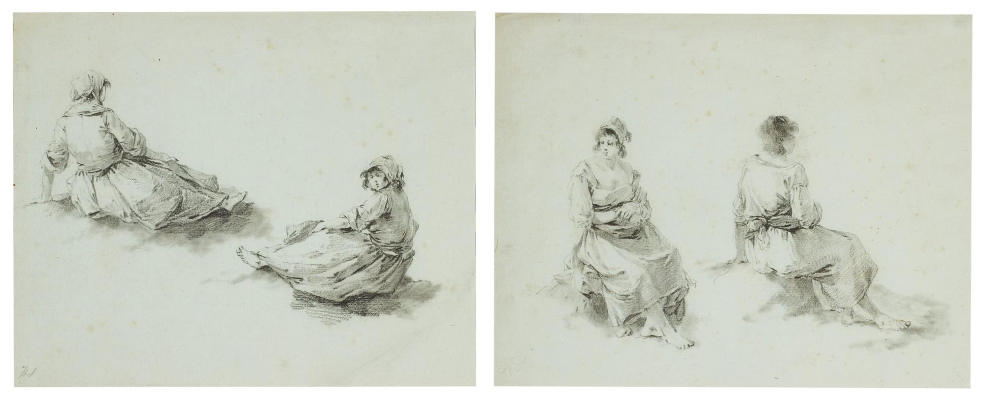 Jean-Baptiste Pillement - Two Sheets Of Studies Of Seated Female Figures