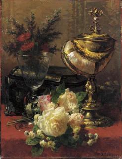 Jean-Baptiste Robie - A Bouquet of Roses and other Flowers in a glass Goblet with a Chinese Lacquer Box and a Nautilus Cup on a red Velvet draped Table