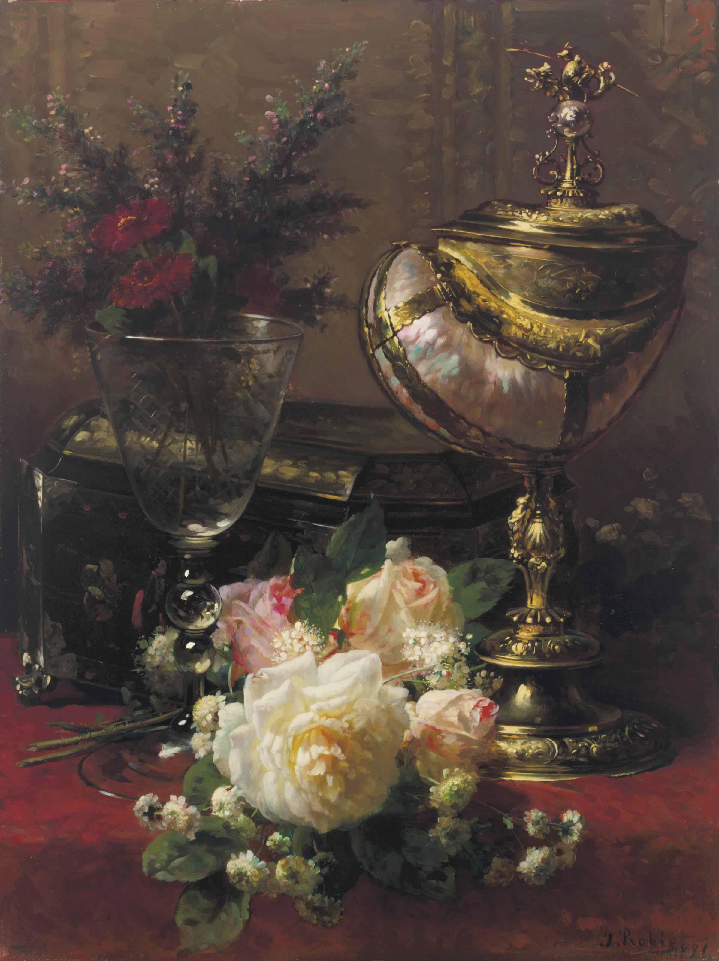 Jean-Baptiste Robie - A Bouquet of Roses and other Flowers in a Glass Goblet with a Chinese Lacquer Box and a Nautilus Cup on a Red Velvet draped Table