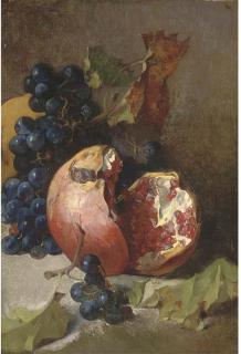 Jean-Baptiste Robie - A pomegranate and a bunch of grapes on a ledge