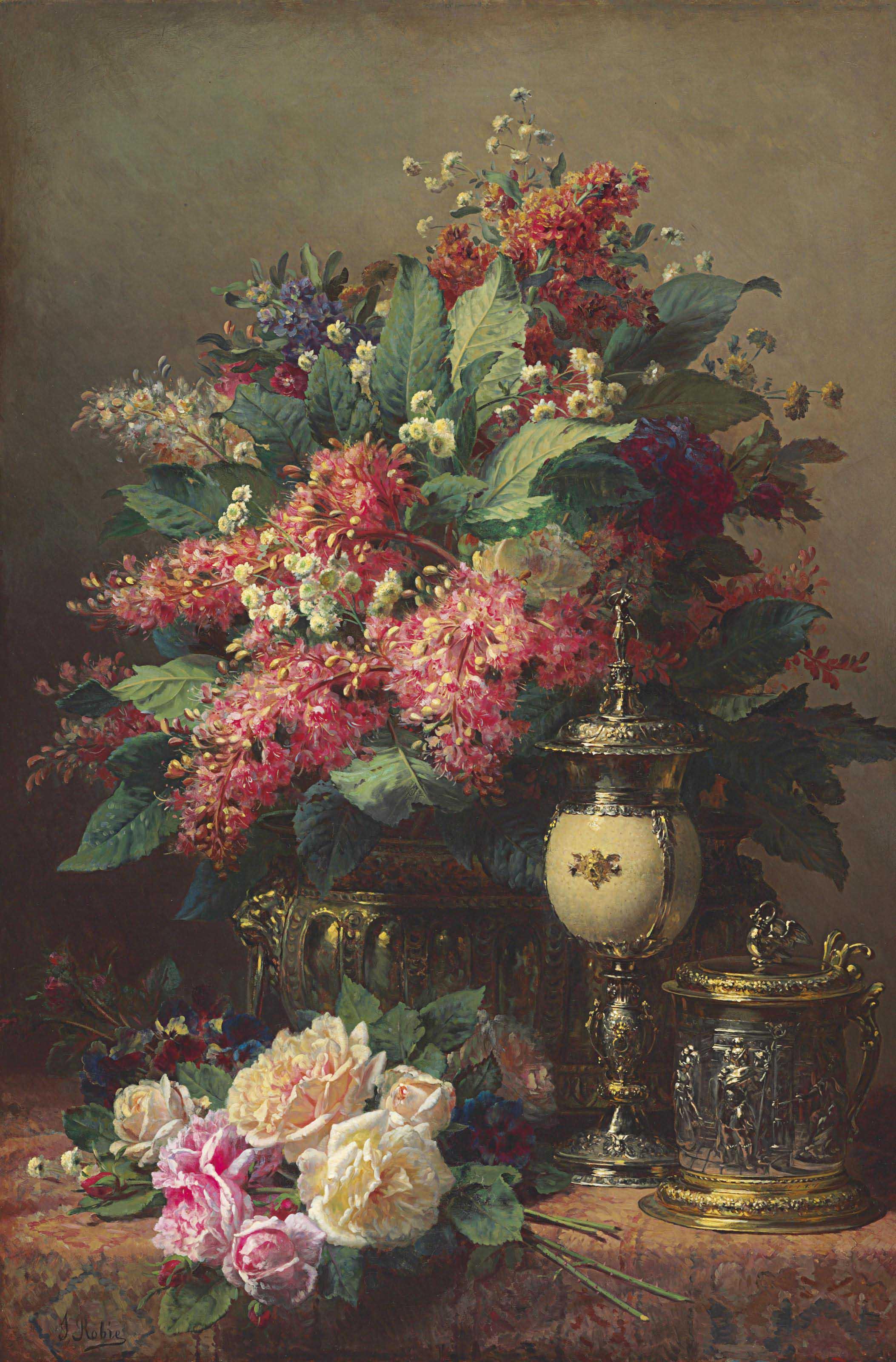 Jean-Baptiste Robie - A Still Life of Chestnut Flowers, Wallflowers, Roses and Pansies with a Tankard and a Silver Gilt Ostrich Egg Cup