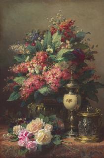 Jean-Baptiste Robie - A Still Life of Chestnut Flowers, Wallflowers, Roses and Pansies with a Tankard and a Silver Gilt Ostrich Egg Cup