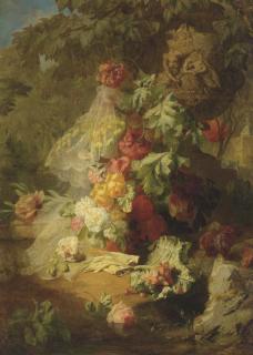 Jean-Baptiste Robie - A Still Life of Lace, Flowers and Gloves in a Garden